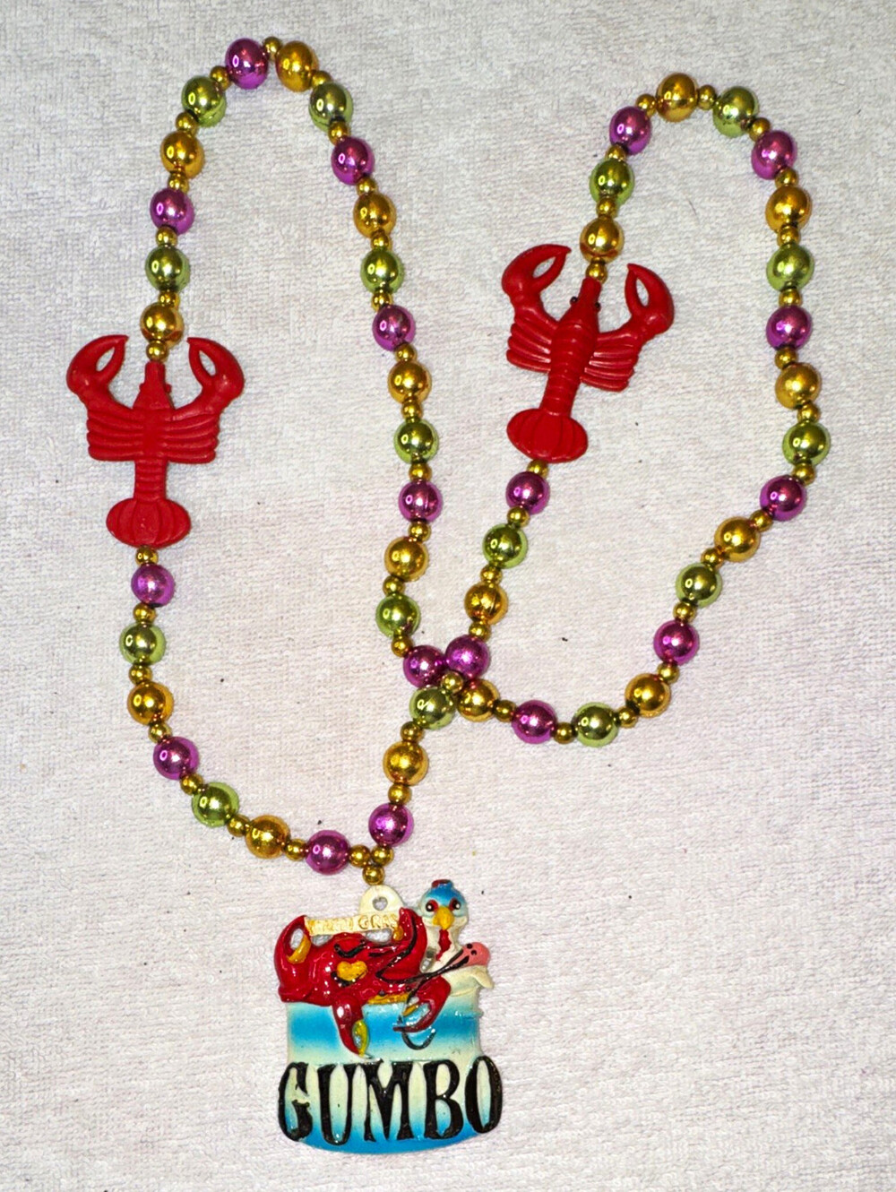 Louisiana Mardi Gras Bead Necklace with Lobster Beads and "Gumbo" Pendant
